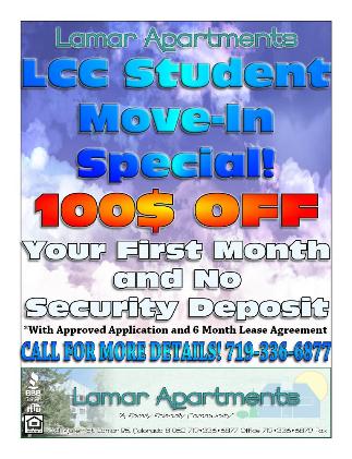 Lamar Community College Student Move In Special 100 Dollars Off